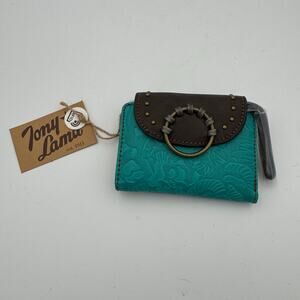 Tony Lama Teal Western RFID Wallet Floral Embossed Brown Flap Snap Closure NWT